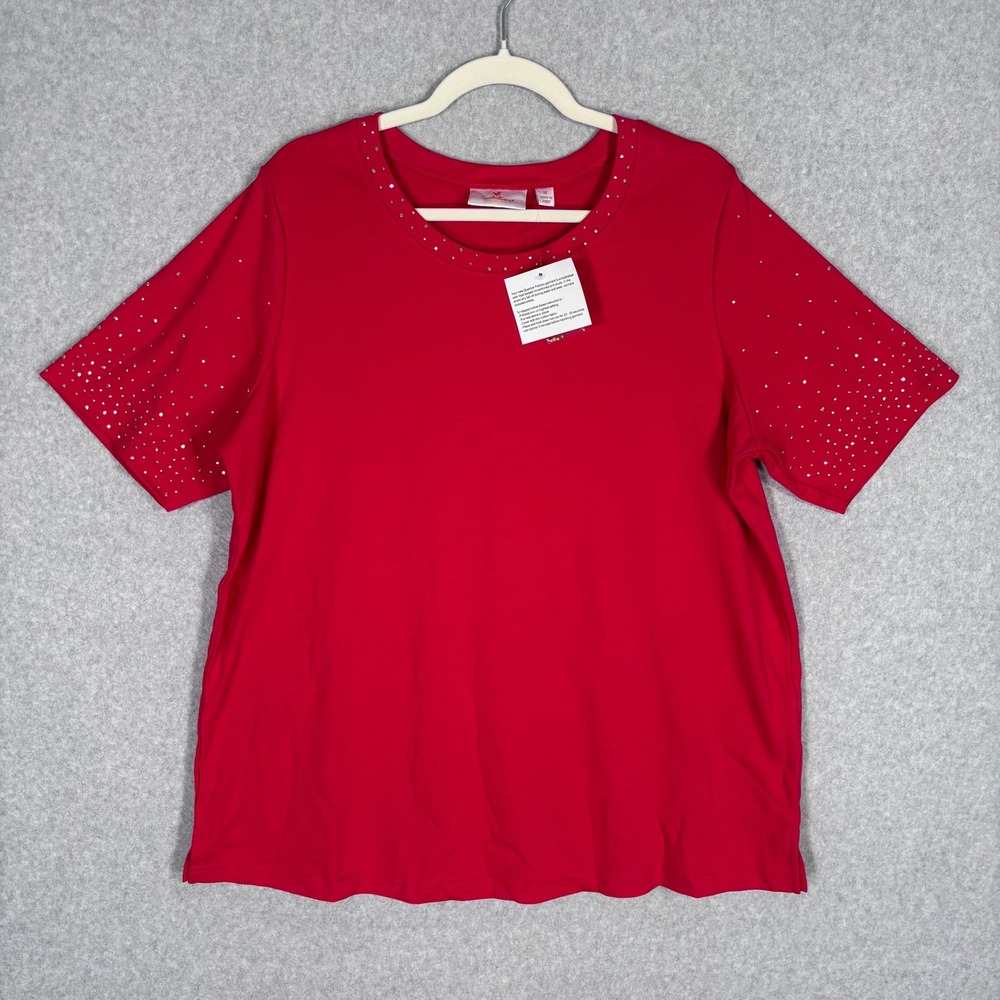 NEW Quacker Factory Embellished Shirt 1X Red Sequin Rhinestone Neck Sleeves‎